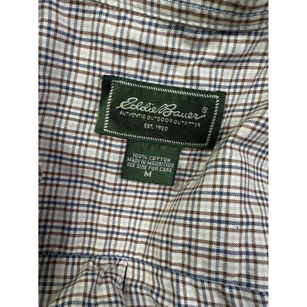 Eddie Bauer Mens Medium Plaid Button Down Shirt Long Sleeve Cotton Brown Blue